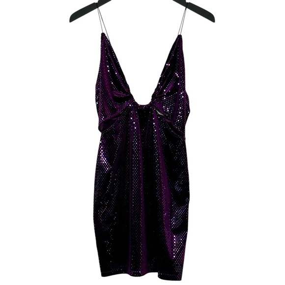 Zara Size S Velvet Purple Shimmer Mini Party Dress Plunge Neckline - Picture 2 of 5